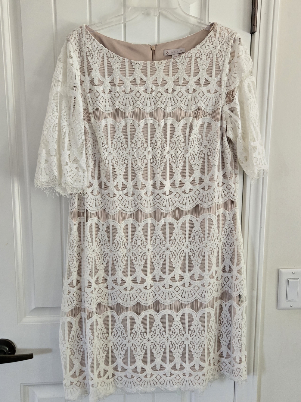 White Lace Shift Dress Nude Lining Eyelash Hem Half Sleeve Boho Midi Mini 16